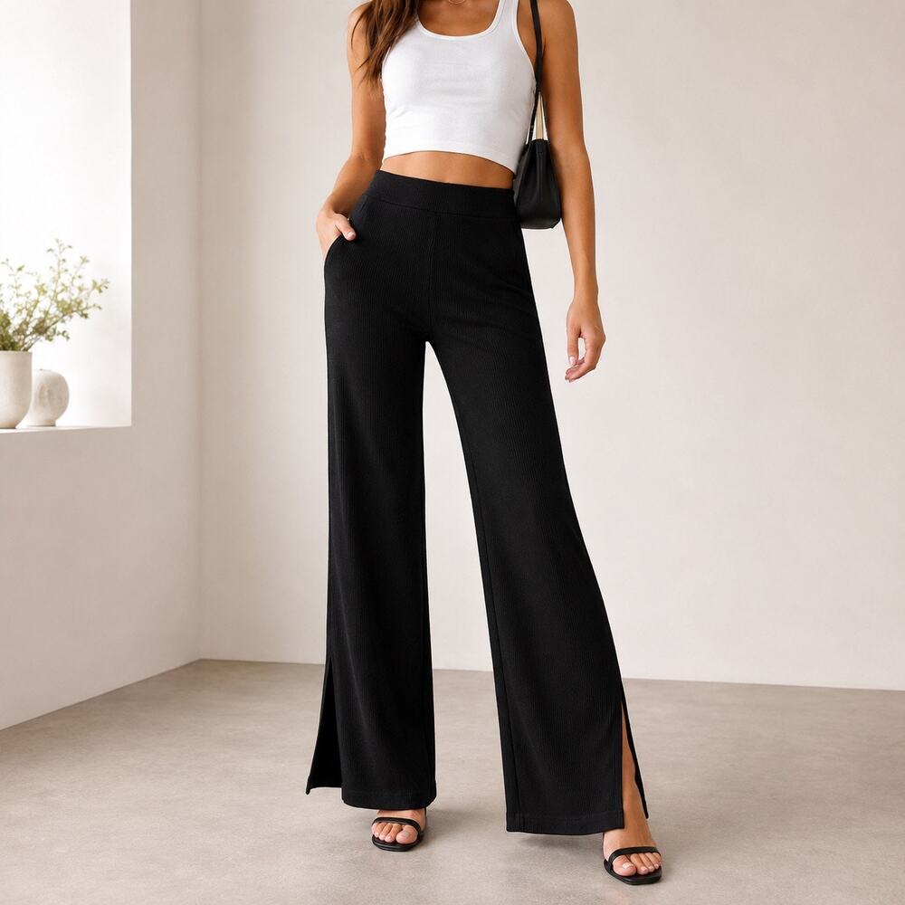 LNA Ribbed Wide Leg Pants Black High Rise Stretch Lounge Women's M Pull On - Picture 3 of 6